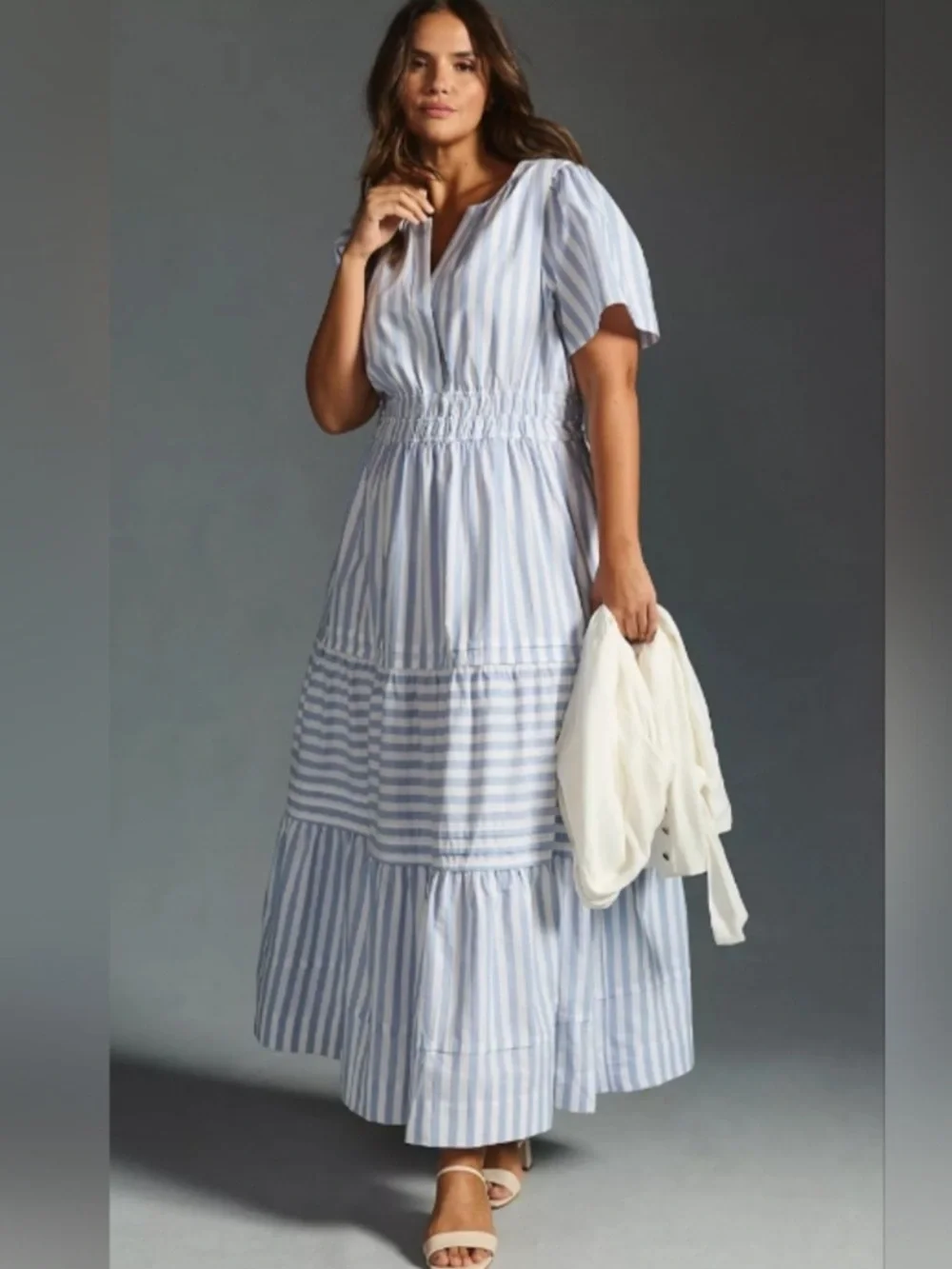 Anthropologie L Somerset Blue White Striped Tiered Cotton Maxi Dress - Picture 2 of 3